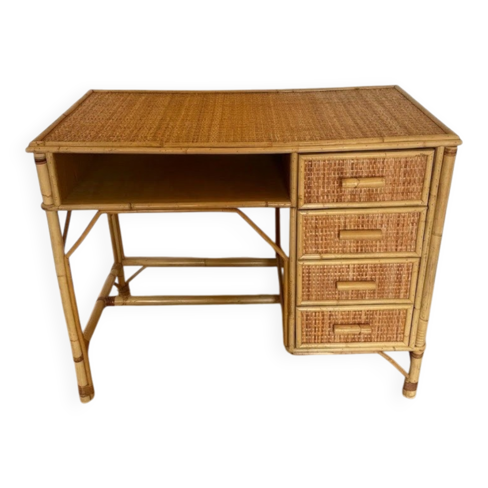 Vintage rattan and woven wicker desk with 4 drawers – Centrepiece – Style