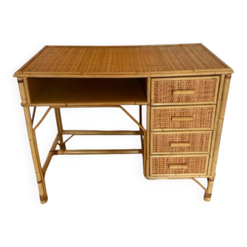 Bureau vintage en rotin et osier tressé 4 Tiroirs – Milieu de pièce – Style