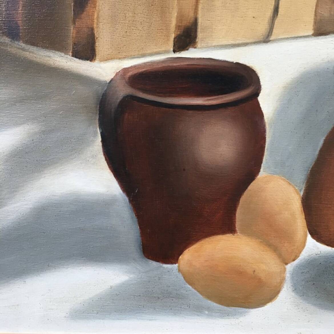 Still life painting of pots and vegetables