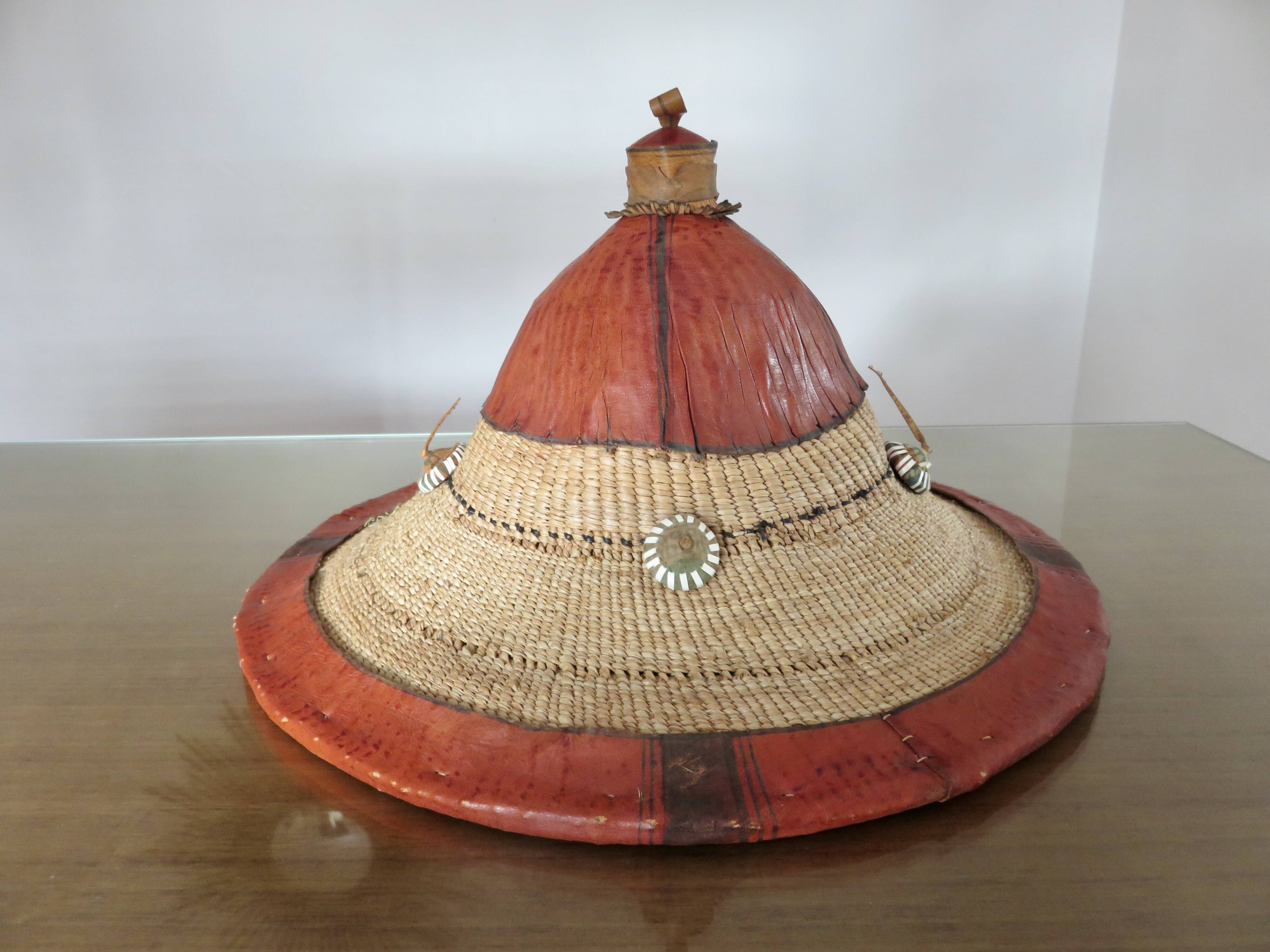 African conical hat, Fulani, in leather and braided rope, 1900