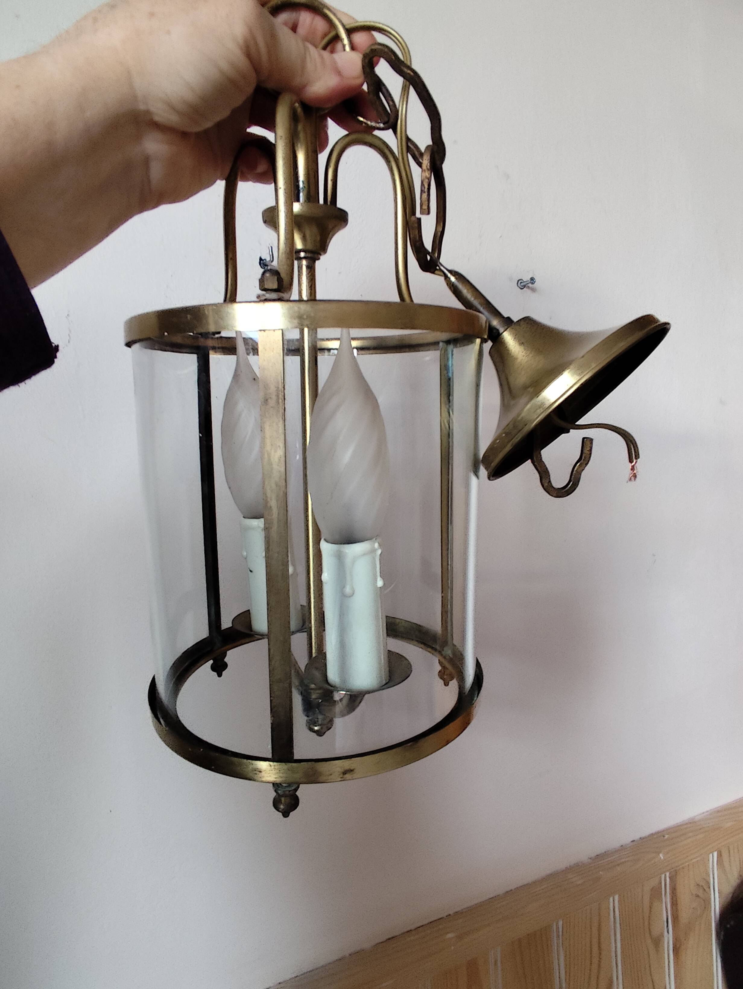 Cylindrical brass and glass lantern in Louis XVI style.