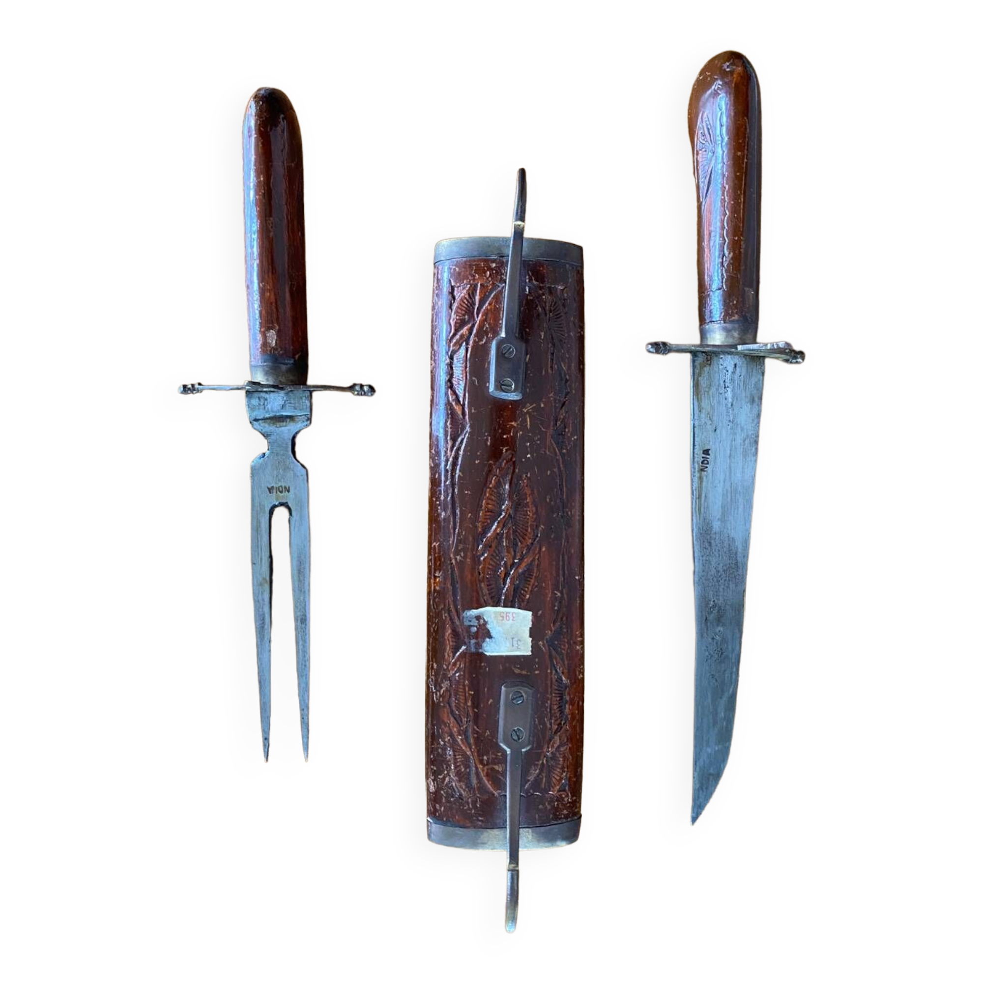 Ensemble couteau et fourche indien bois sculpté