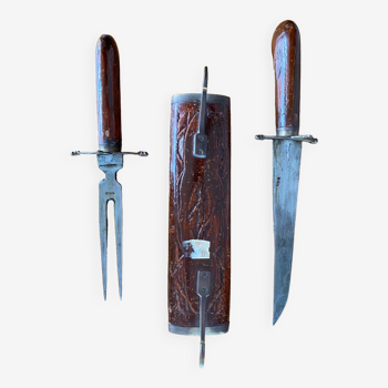 Ensemble couteau et fourche indien bois sculpté