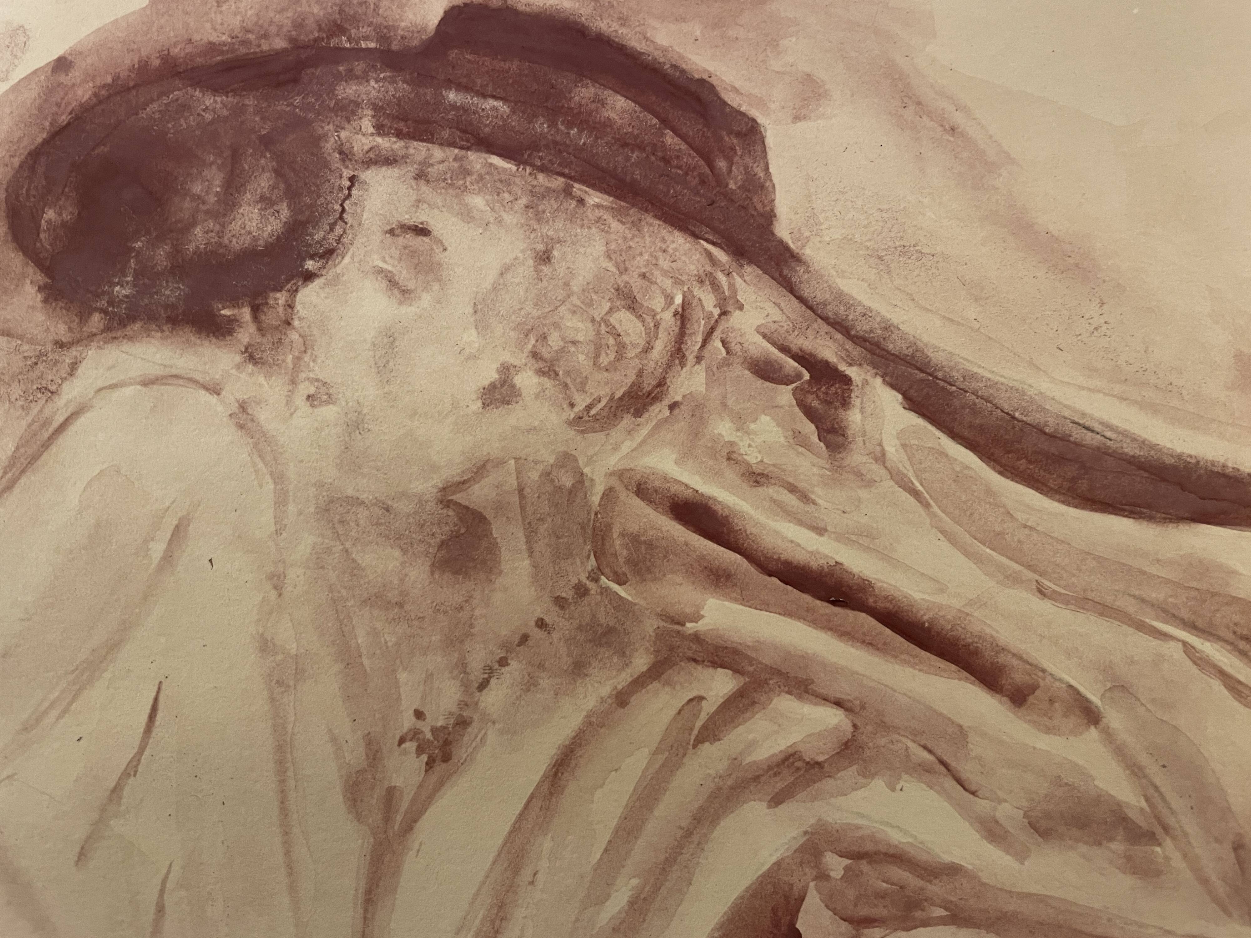 Signed painting monochrome watercolor caput mortum female portrait "Belle époque"