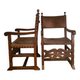 2 fauteuils colonials cuir et noyer