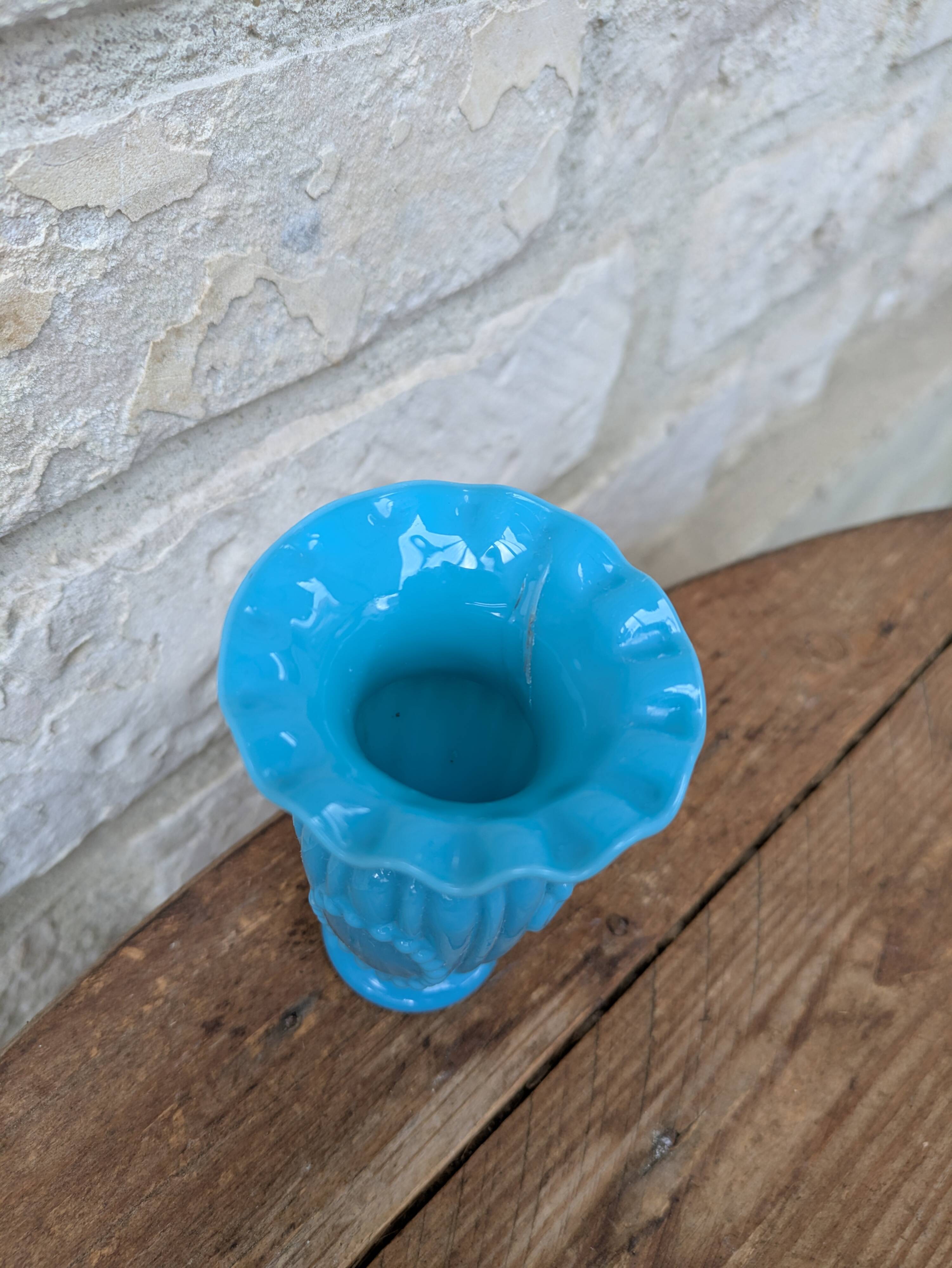 Antique small blue opaline vase with serrated neck and medallion decoration