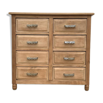 Commode Art déco en bois brut et massif, 8 tiroirs