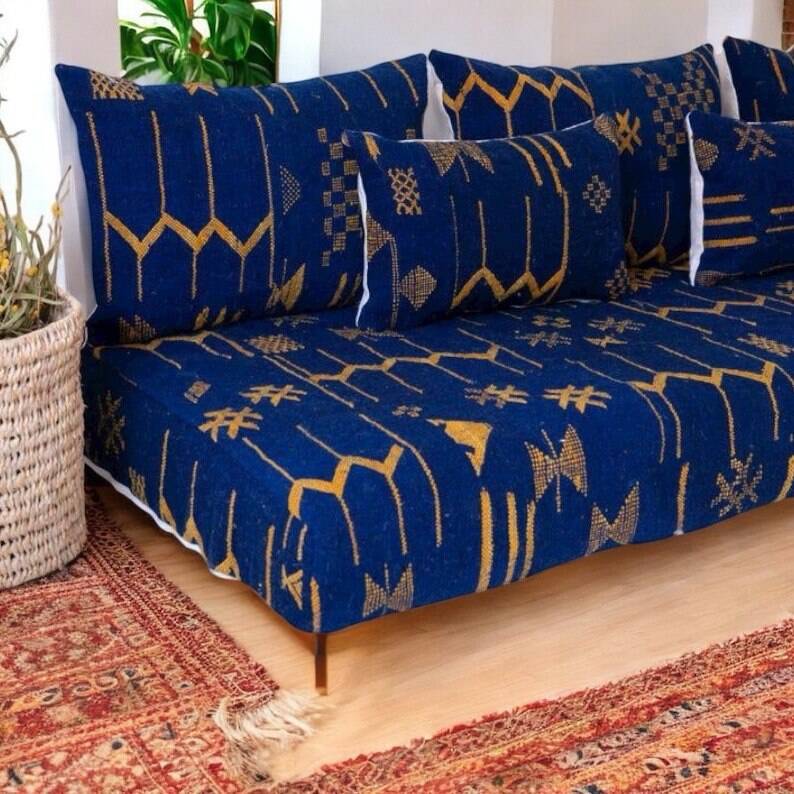 Handmade Moroccan Floor Sofa – Blue Hnibel with Golden Khormaz Patterns