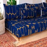 Handmade Moroccan Floor Sofa – Blue Hnibel with Golden Khormaz Patterns
