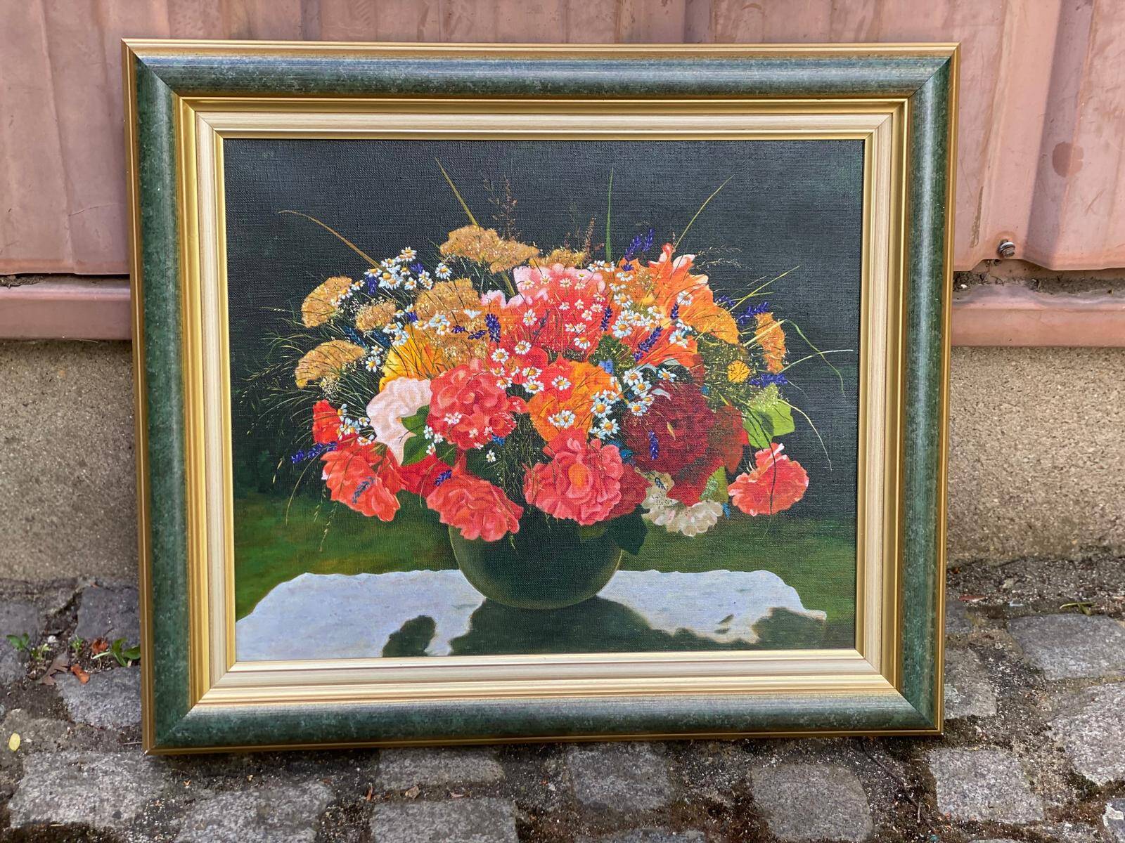 Old painting on canvas with Frey green and gold frame 58x51cm
