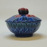 Sarreguemines jam bowl covered sugar in slip majolica cherries