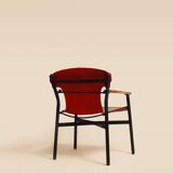Maërl armchair, Galathée model, red leather, solid wood armrests of your choice
