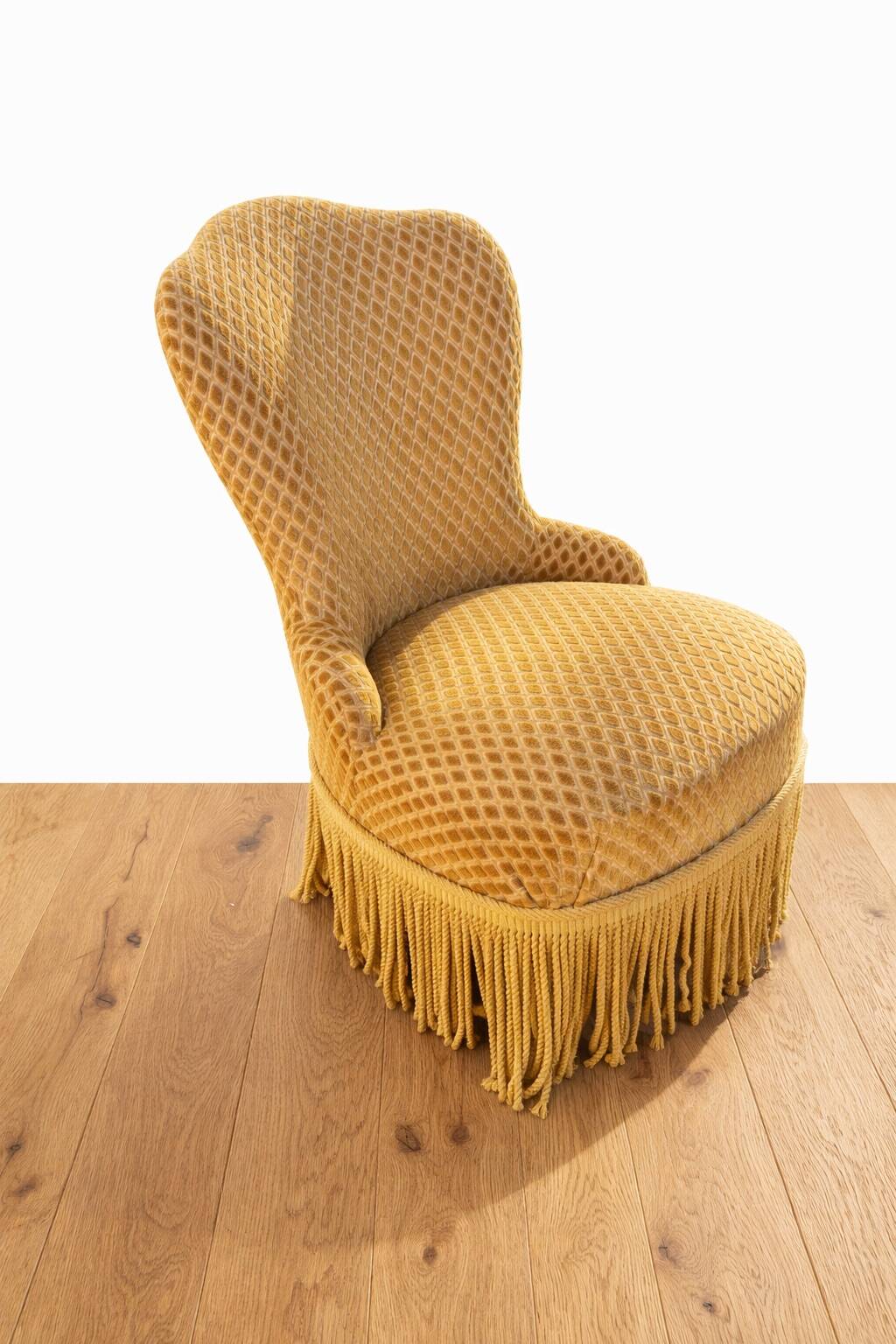 Vintage mustard velvet crab chair with fringes – 1970s