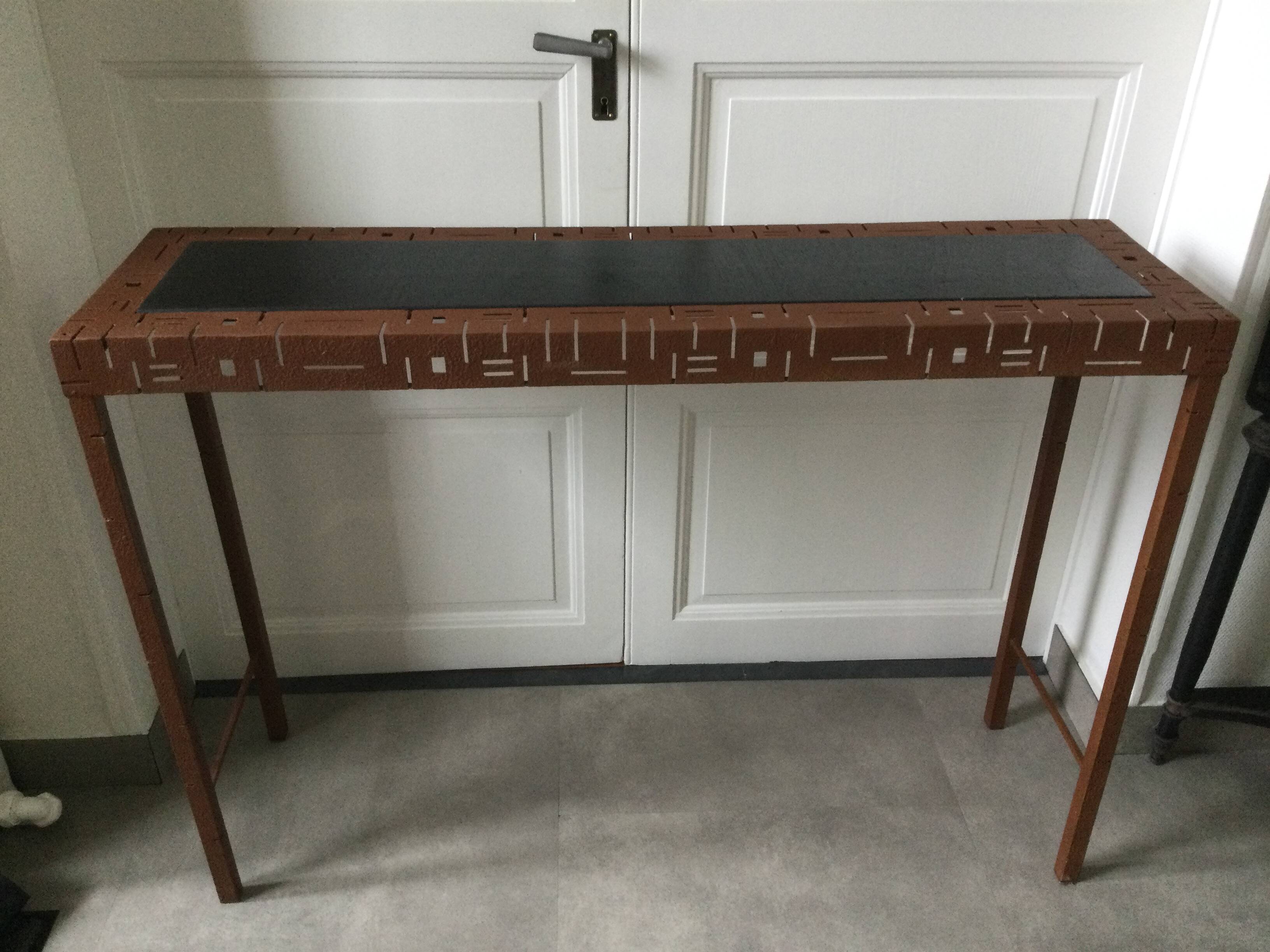 Perforated sheet metal and wood console