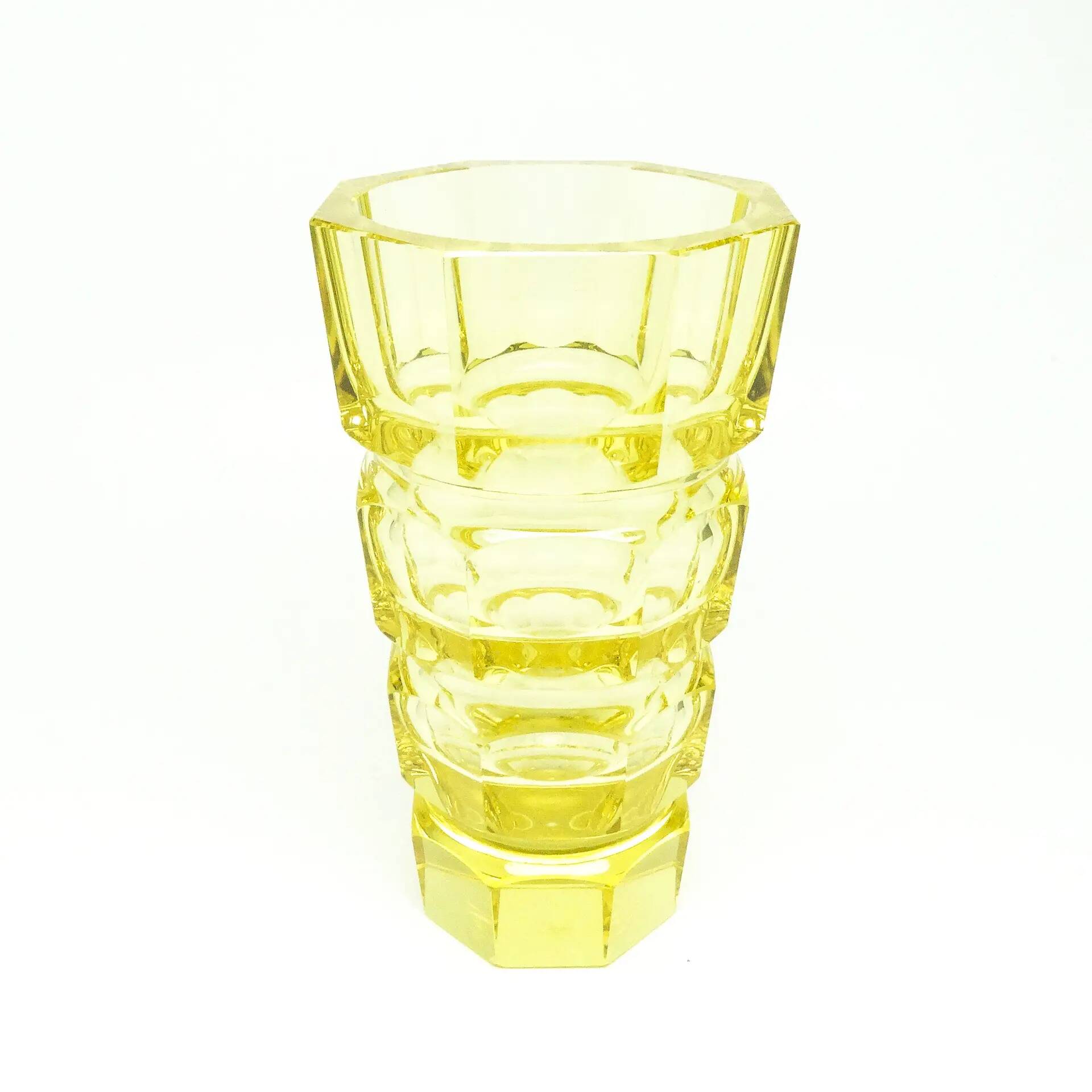 Art Deco vase, yellow crystal, design by J. Hoffmann, Moser, Czechoslovakia, 1930s