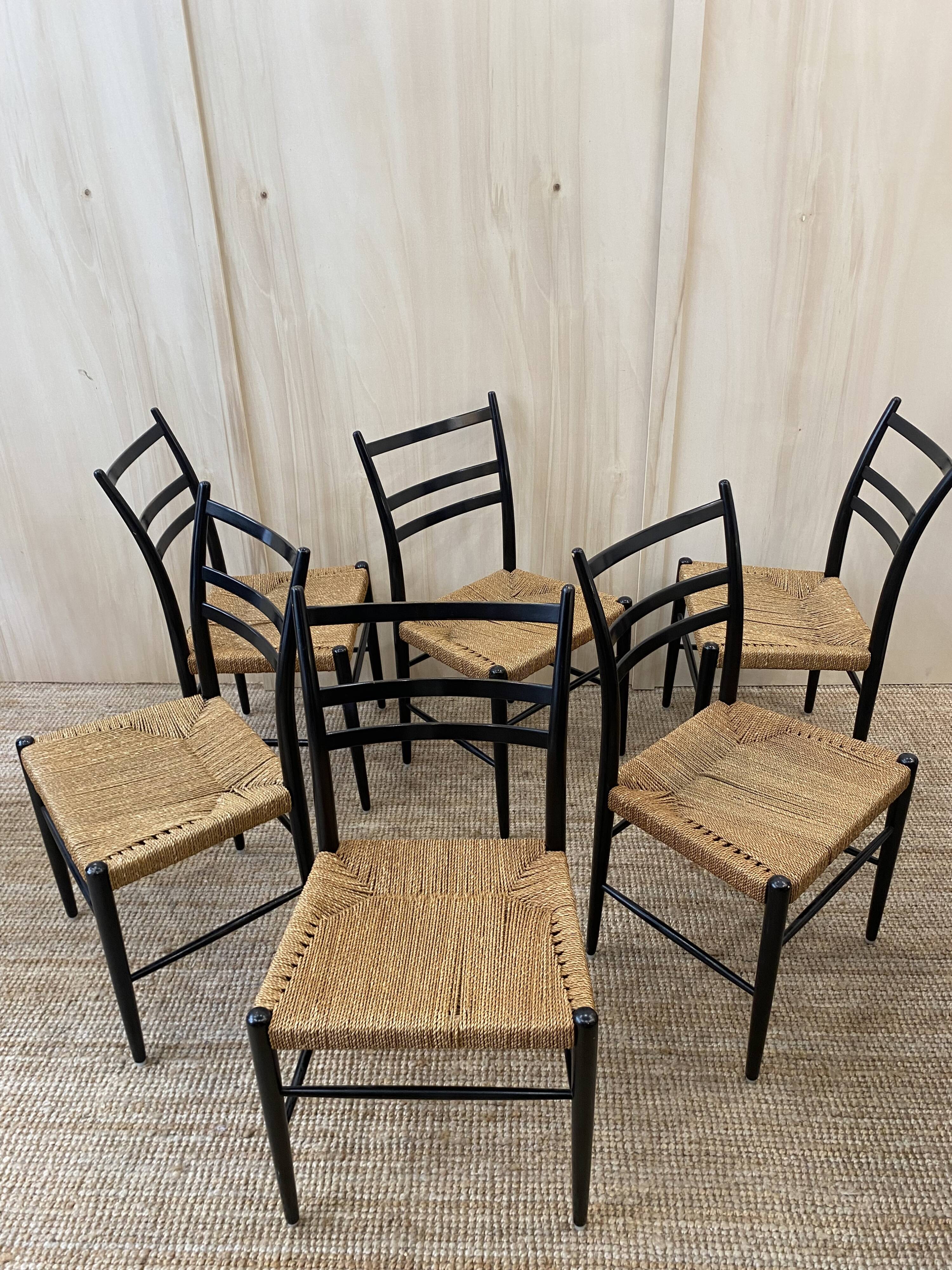 Série de 6 chaises en bois & cordes - italie 1960