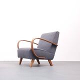 Jindrich Halabala armchair in curved wood, gray bouclette, 1930
