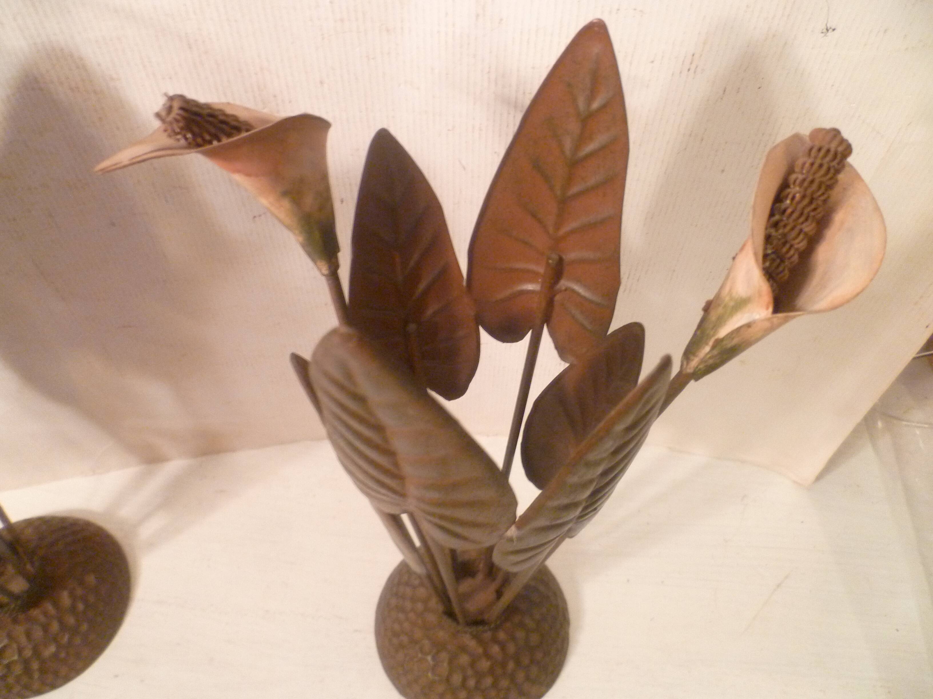 Paire vases  coupes verre souffle & monture fer forge "arum" vintage