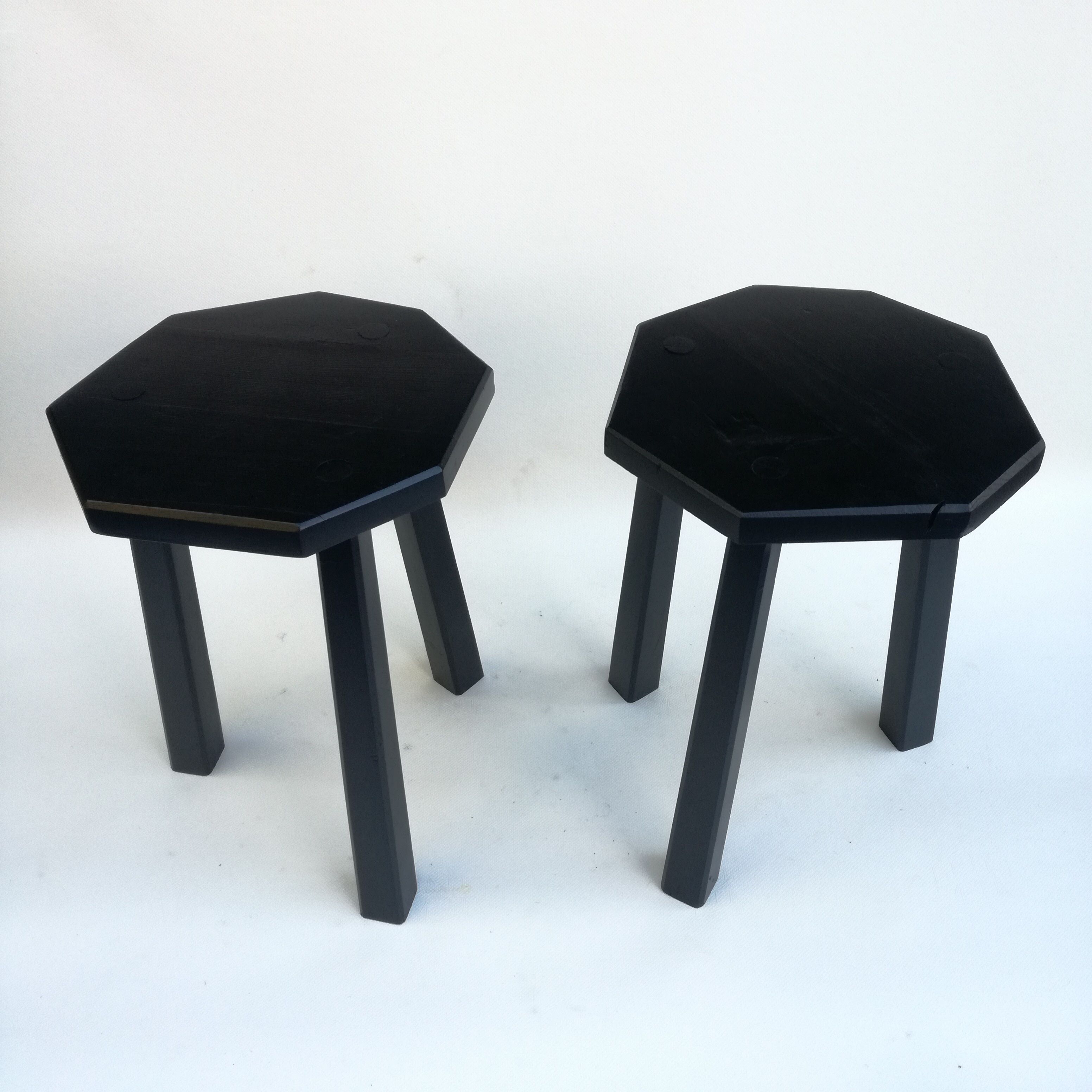 Black brutalist wooden stools, set of 2