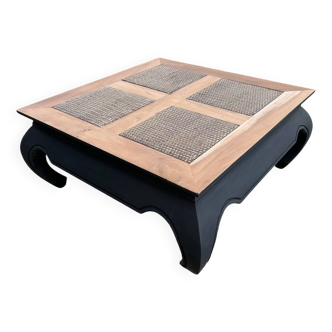 Table basse à opium carrée, en teck massif, pieds éléphant