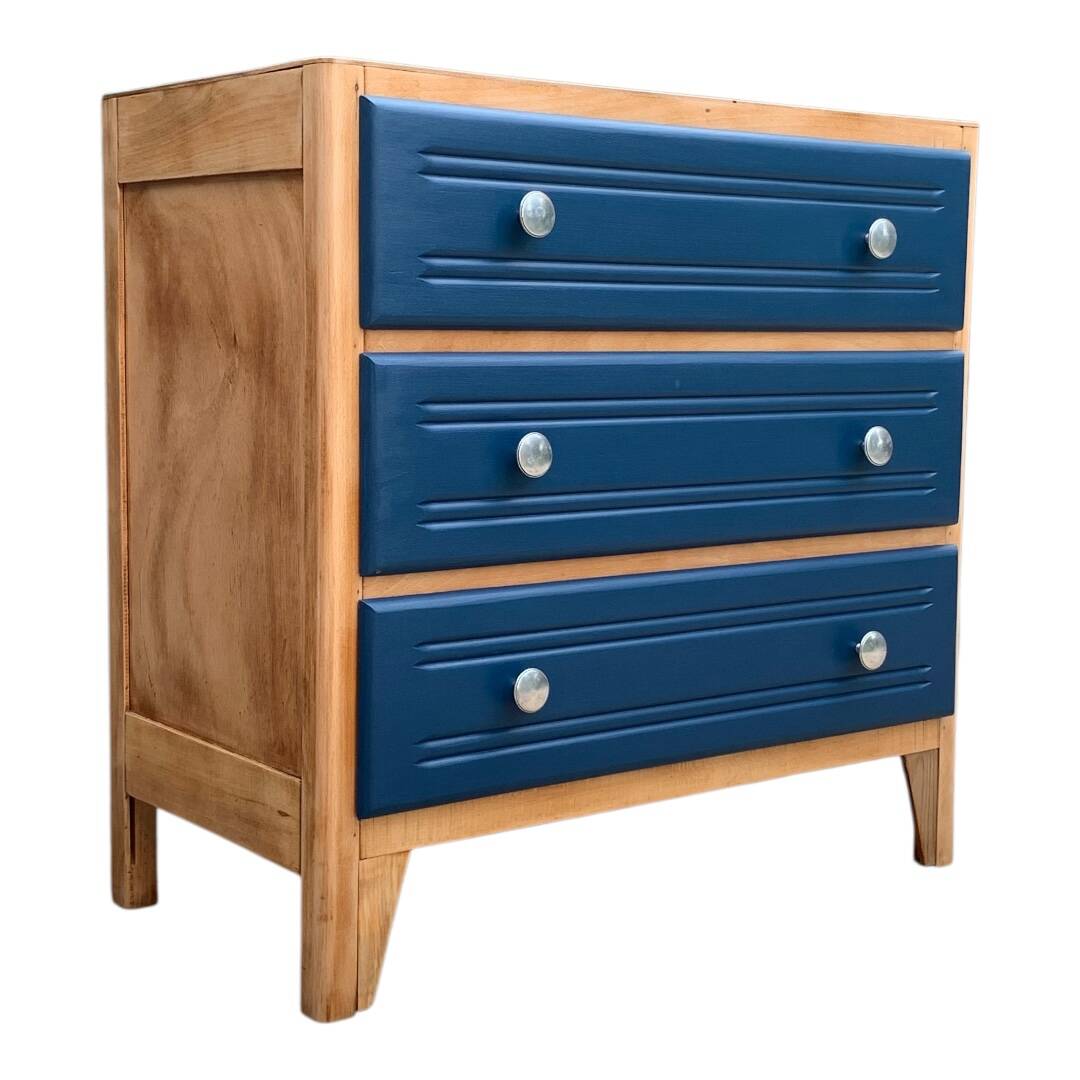 Art Deco chest of drawers in raw wood and blue, 1940