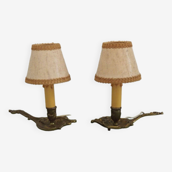 Delightful pair vintage french bronze wee willie winkie lamps fabric shades 4696