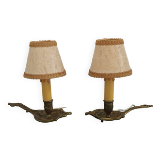 Paire de lampes Wee Willie Winkie en bronze vintage français Abat-jour en tissu 4696