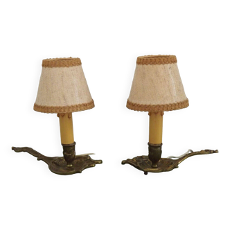 Delightful pair vintage french bronze wee willie winkie lamps fabric shades 4696