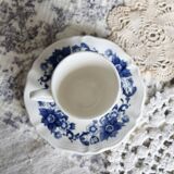 Vintage Sarreguemines cup & saucer – White earthenware with blue floral decoration