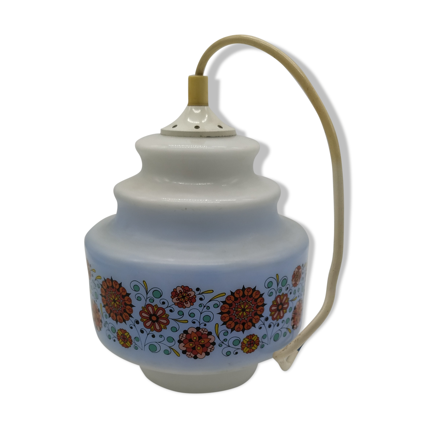 Vintage pendant lamp in seventies screen-printed opaline