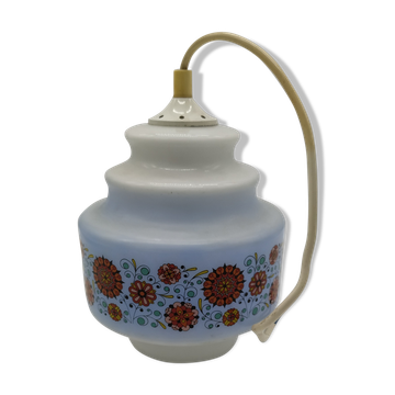 Suspension vintage en opaline sérigraphiée seventies
