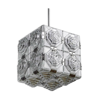 Pendentif cube en verre, lustre en cristal de verre Kinkeldey moderniste du milieu du siècle