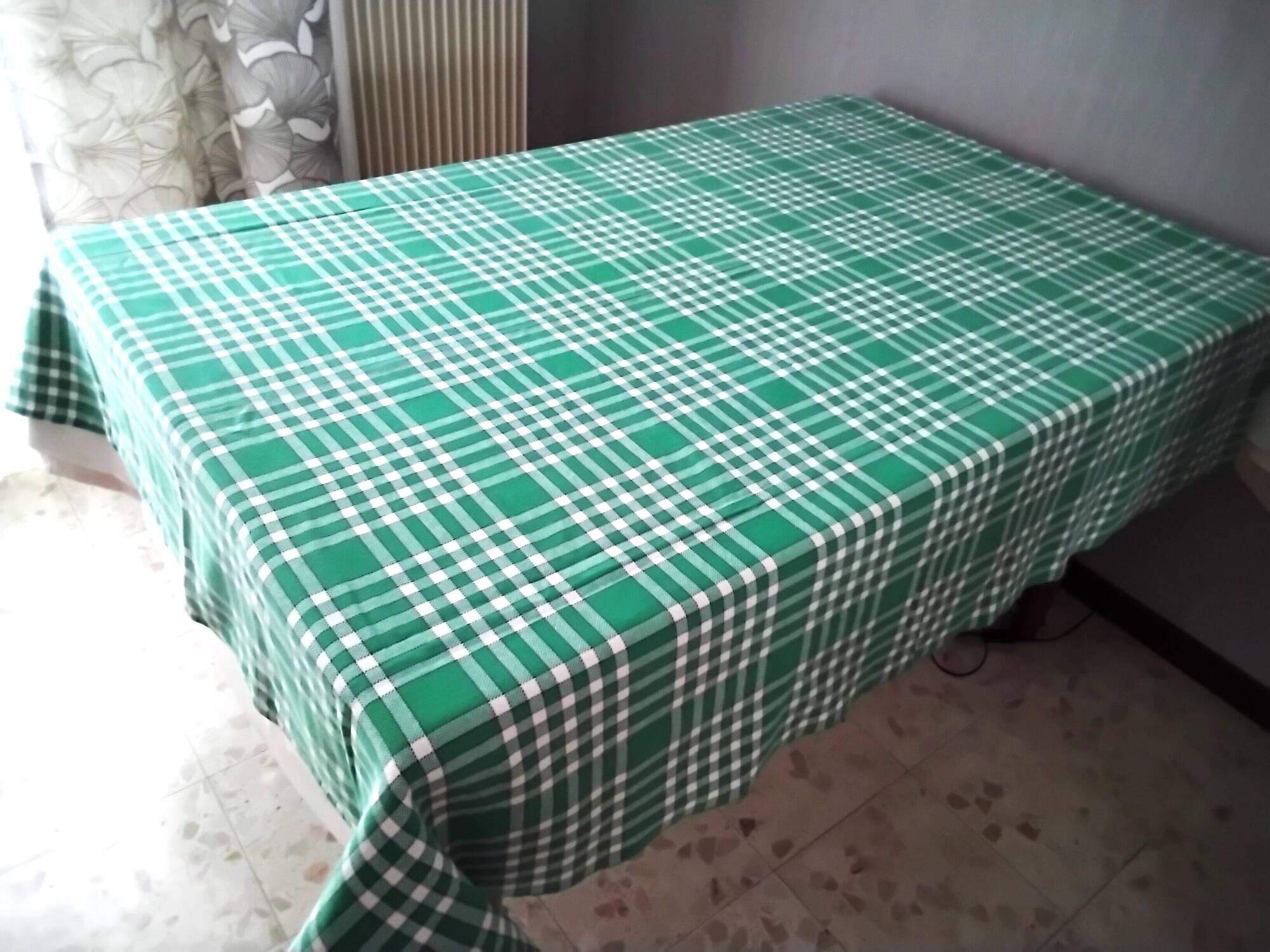 Vintage cotton tablecloth with green and white checks 1.45 x 1.65 m