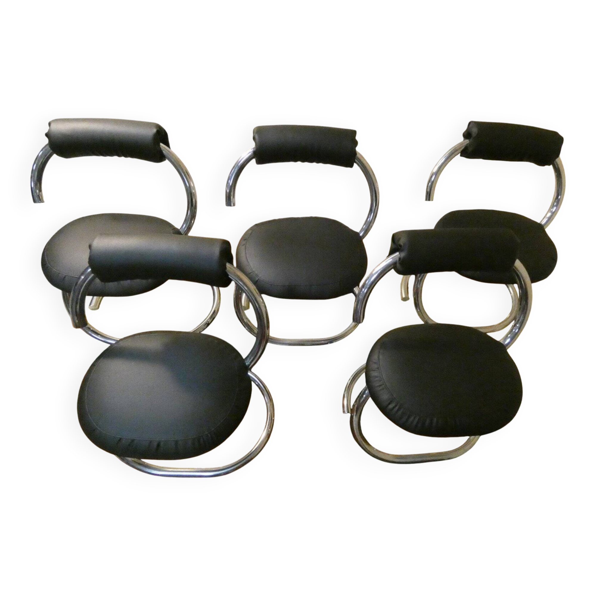 Cobra chairs in steel and black leather by Giotto Stoppino, 1970s, set of 5.