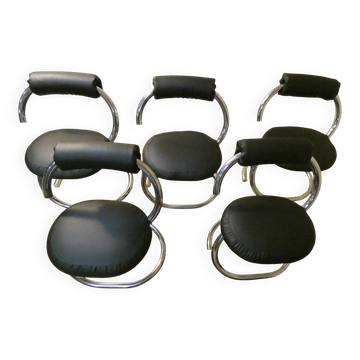 Cobra chairs in steel and black leather by Giotto Stoppino, 1970s, set of 5.
