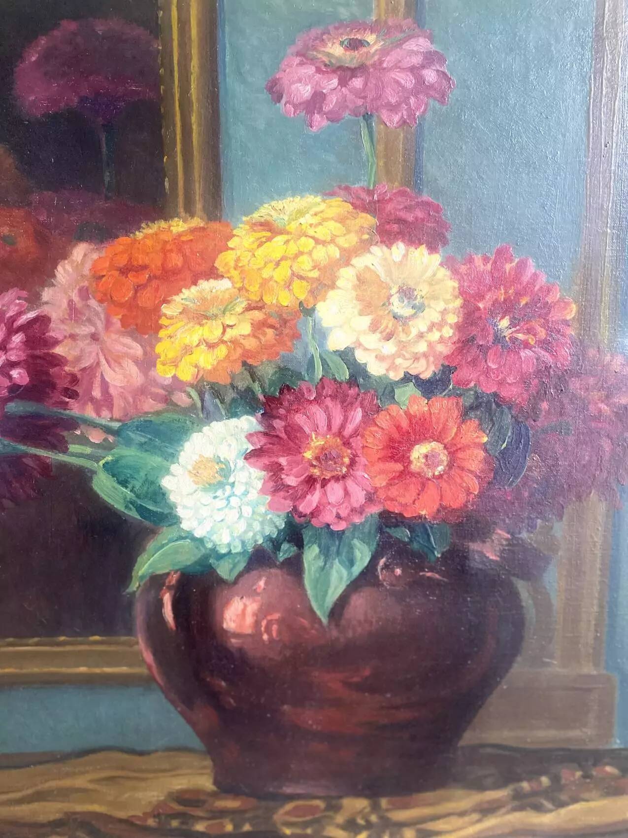 Old painting, oil on canvas "bouquet of dahlias" signed G. Müller, 20th Century School