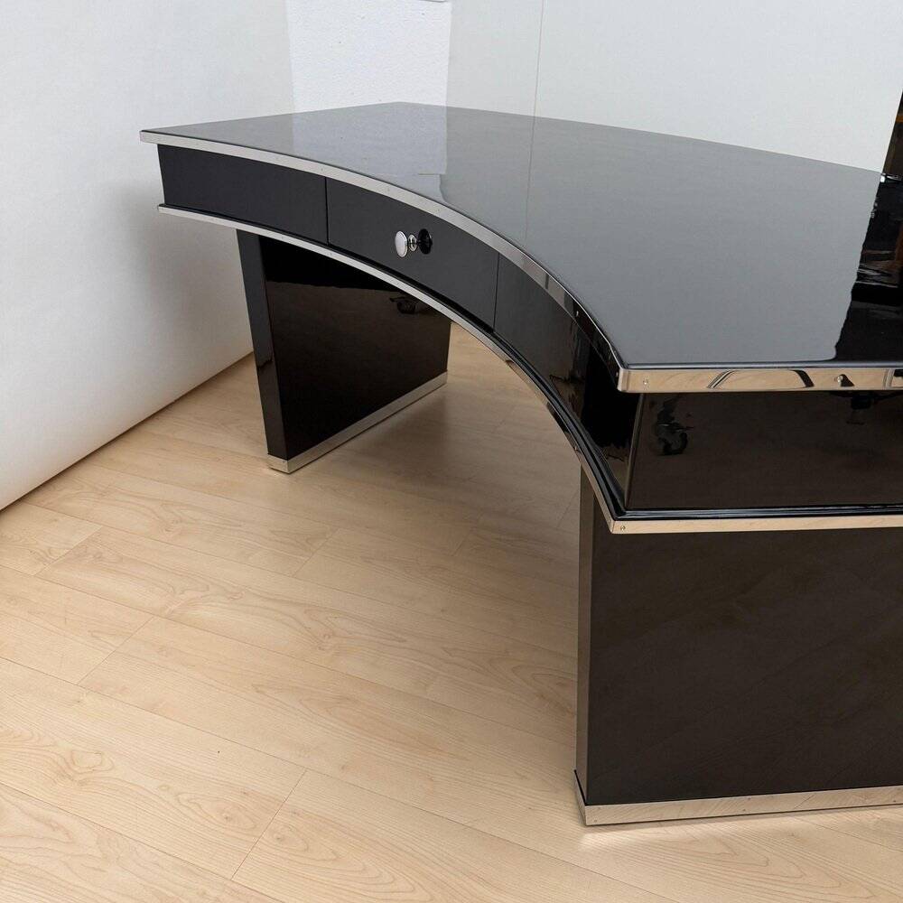 Art Deco desk in black lacquer, walnut & metal, France, 1950