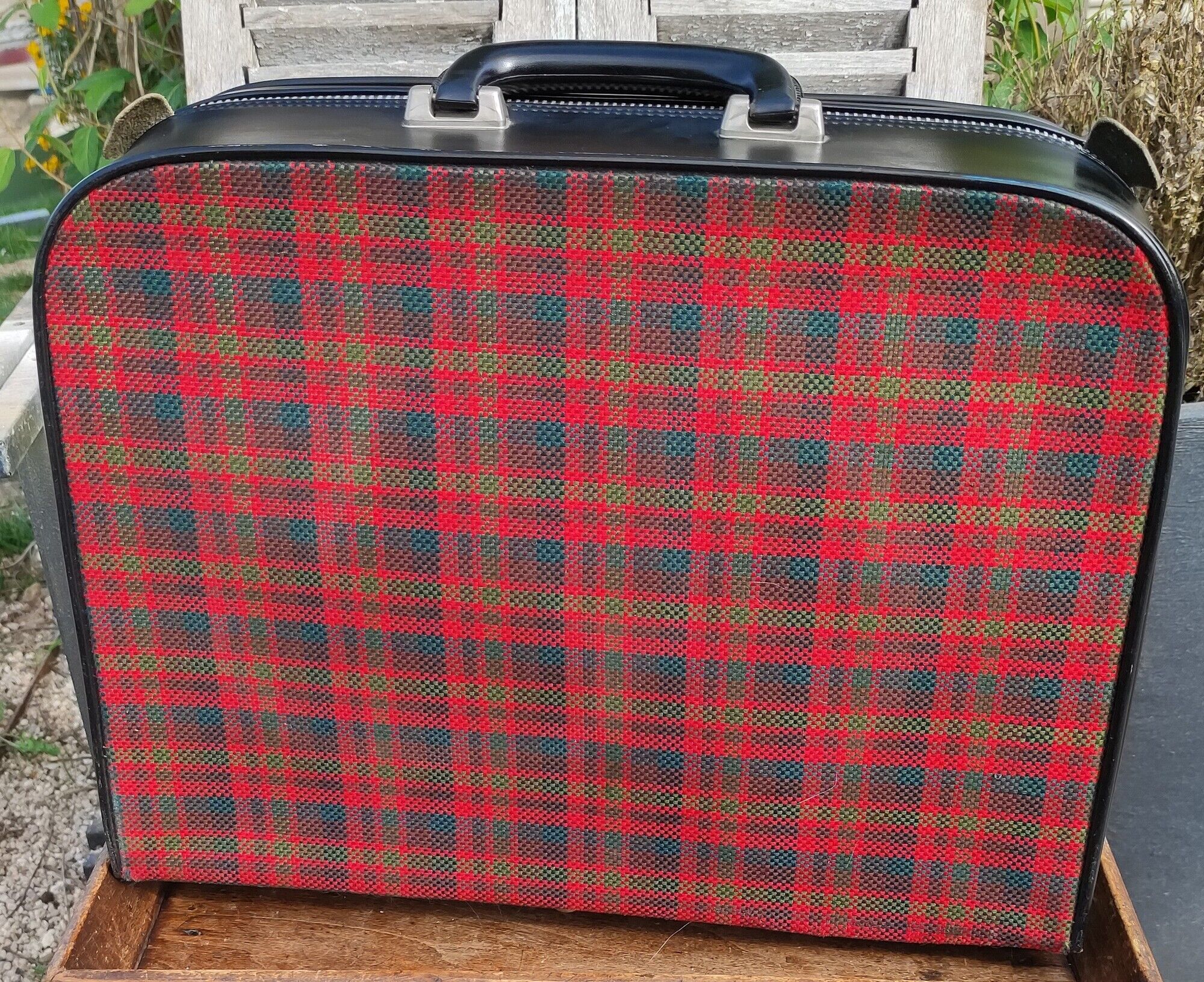 Vintage suitcase in red and skai Scottish fabric
