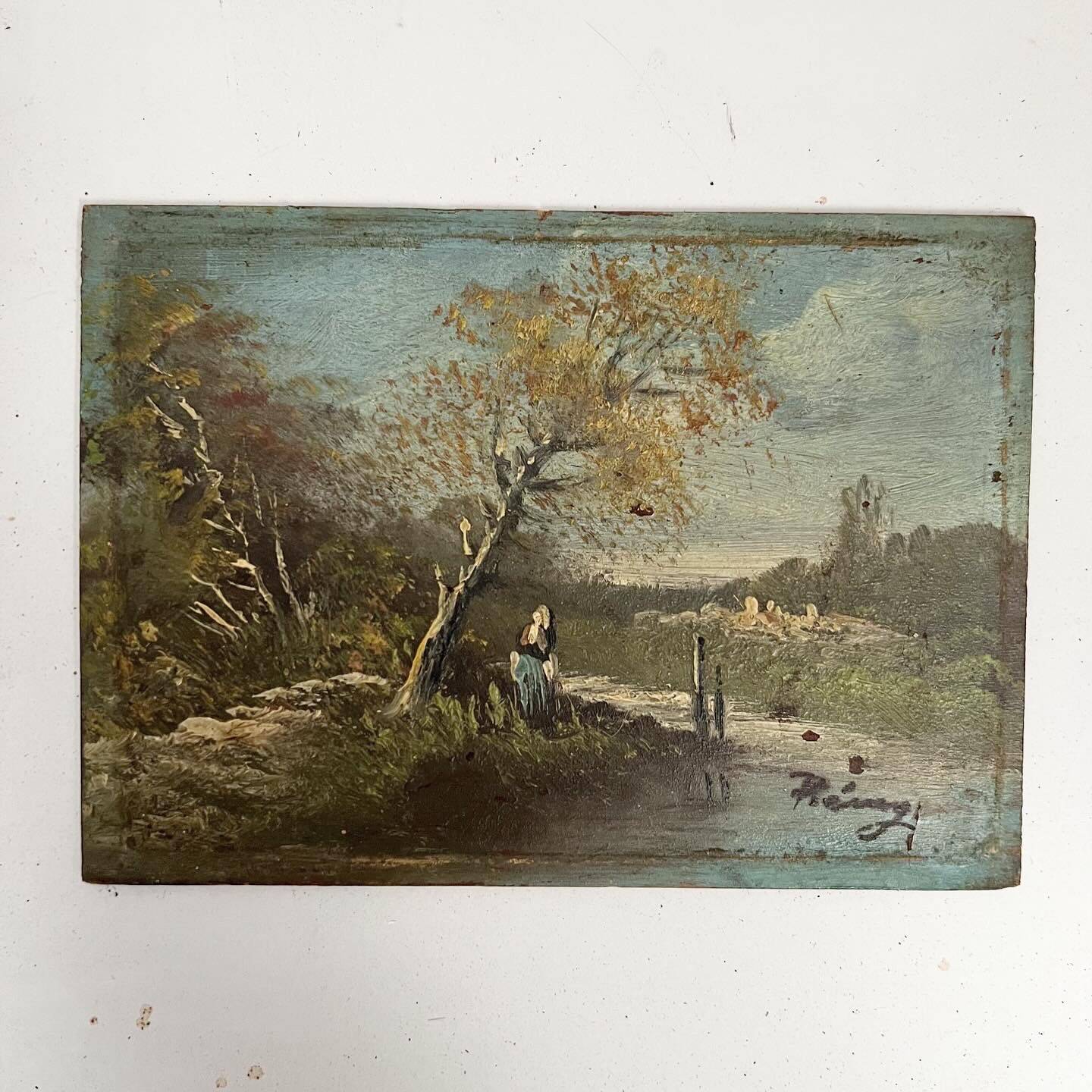Old French Barbizon countryside painting