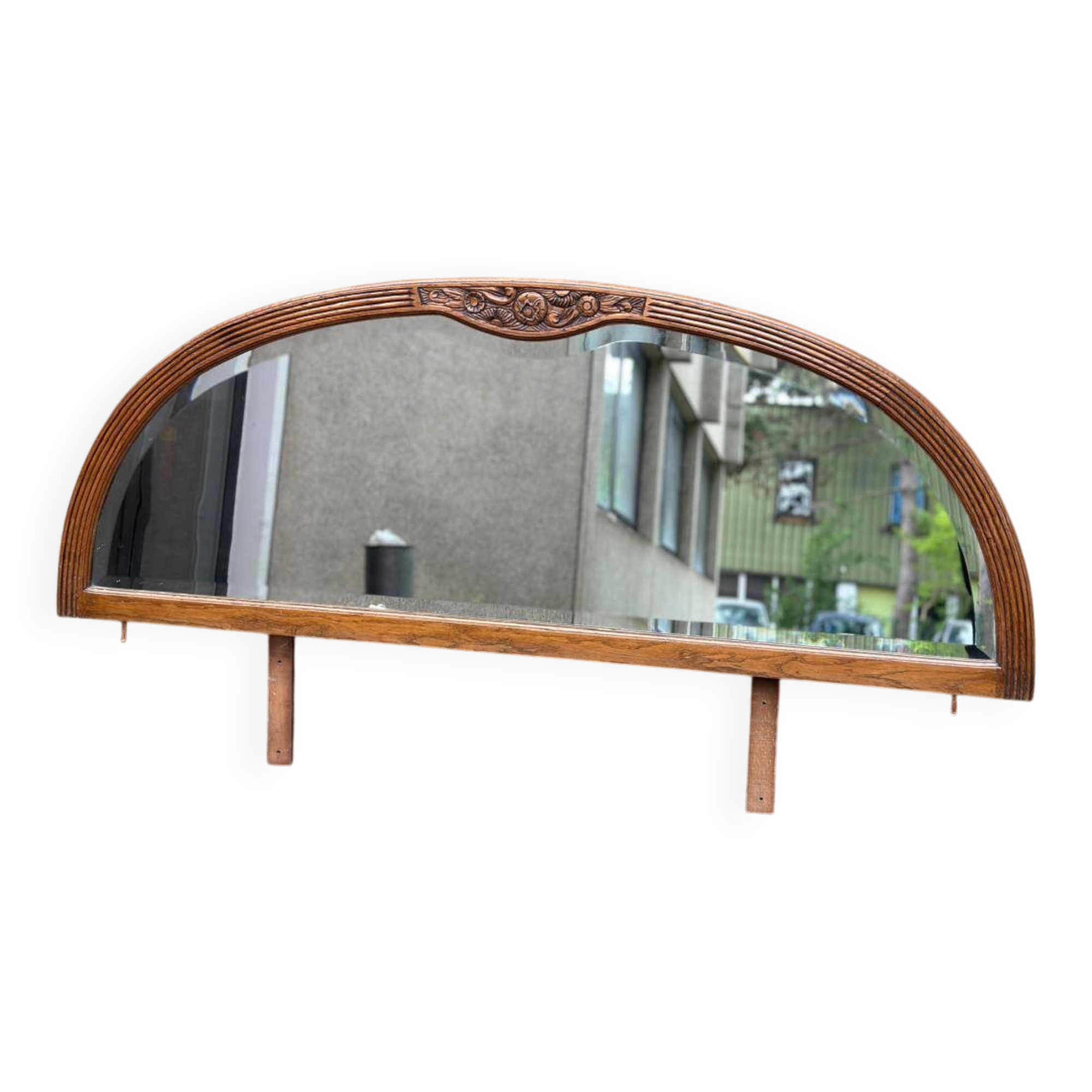 Art Deco concave mirror, arc-shaped, carved in solid wood, 1940.
