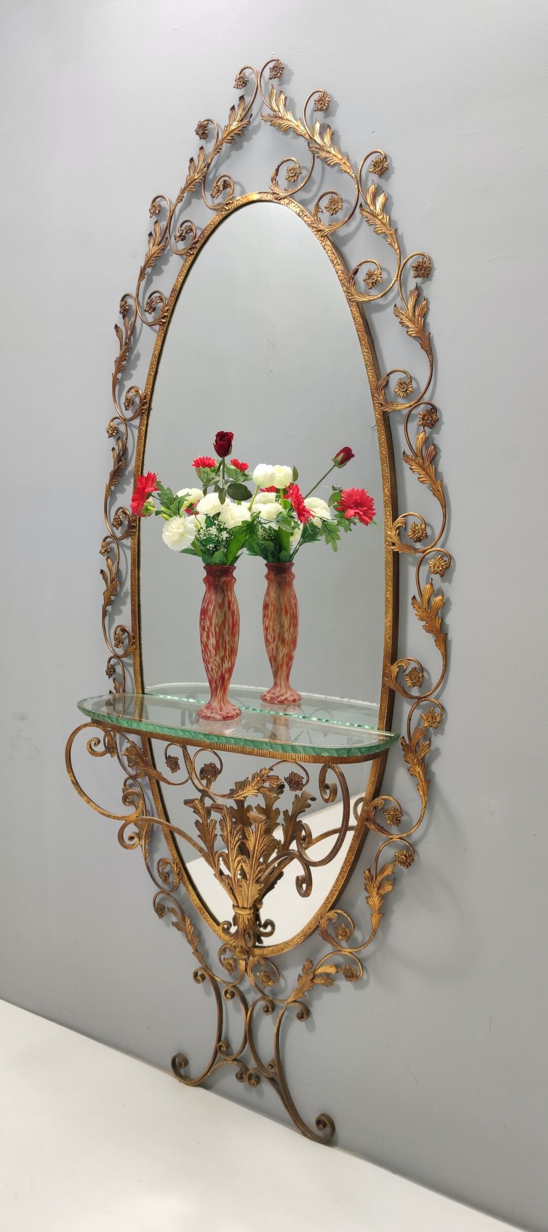 Entryway Mirror and Brass Console Table by Pierluigi Colli with Glass Top