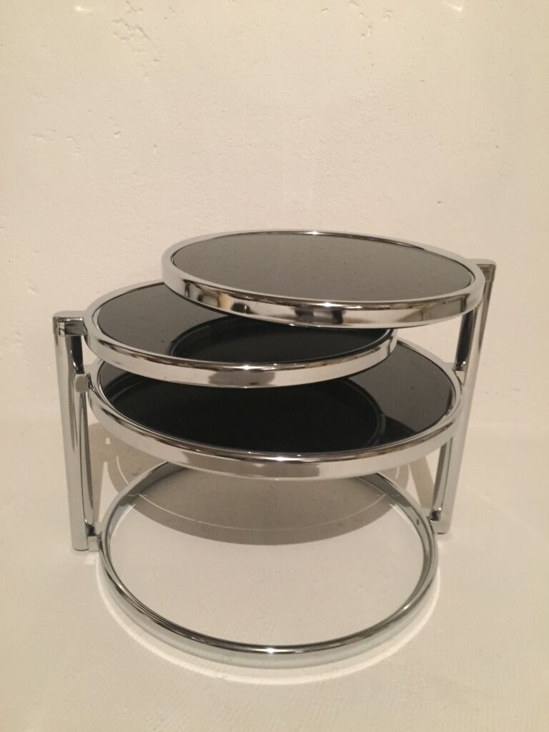 3-plate swivel coffee table in 1970s glass and chrome