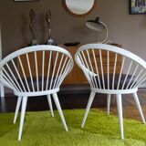 Pair of Scandinavian Armchairs, Wood and Leather