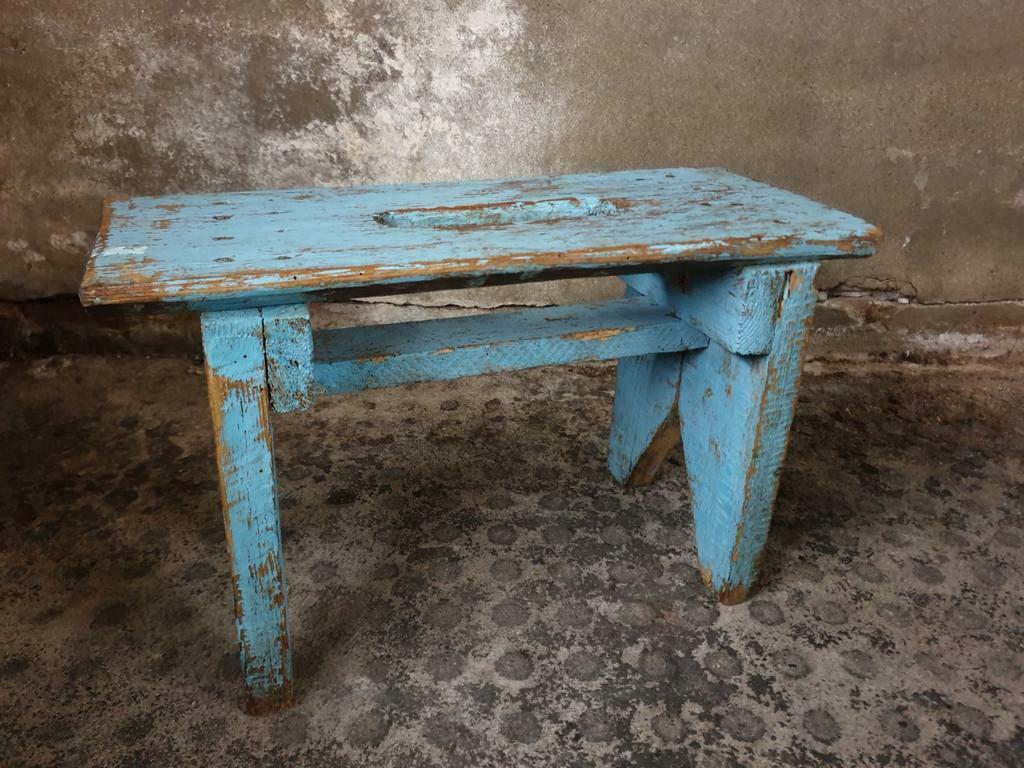 Brocante wooden bench stool etagere light blue