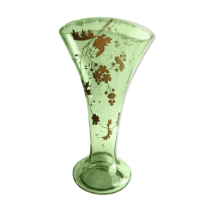 vase éventail cristal vert et Or émaillé Legras: Feuillage et fleurs d'Aubépine