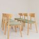 Set of 6 modern dining chairs, sage fabric and natural beech wood.