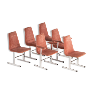 Chaises de salle à manger rétro vintage en tissu rose par pieff, set de 6