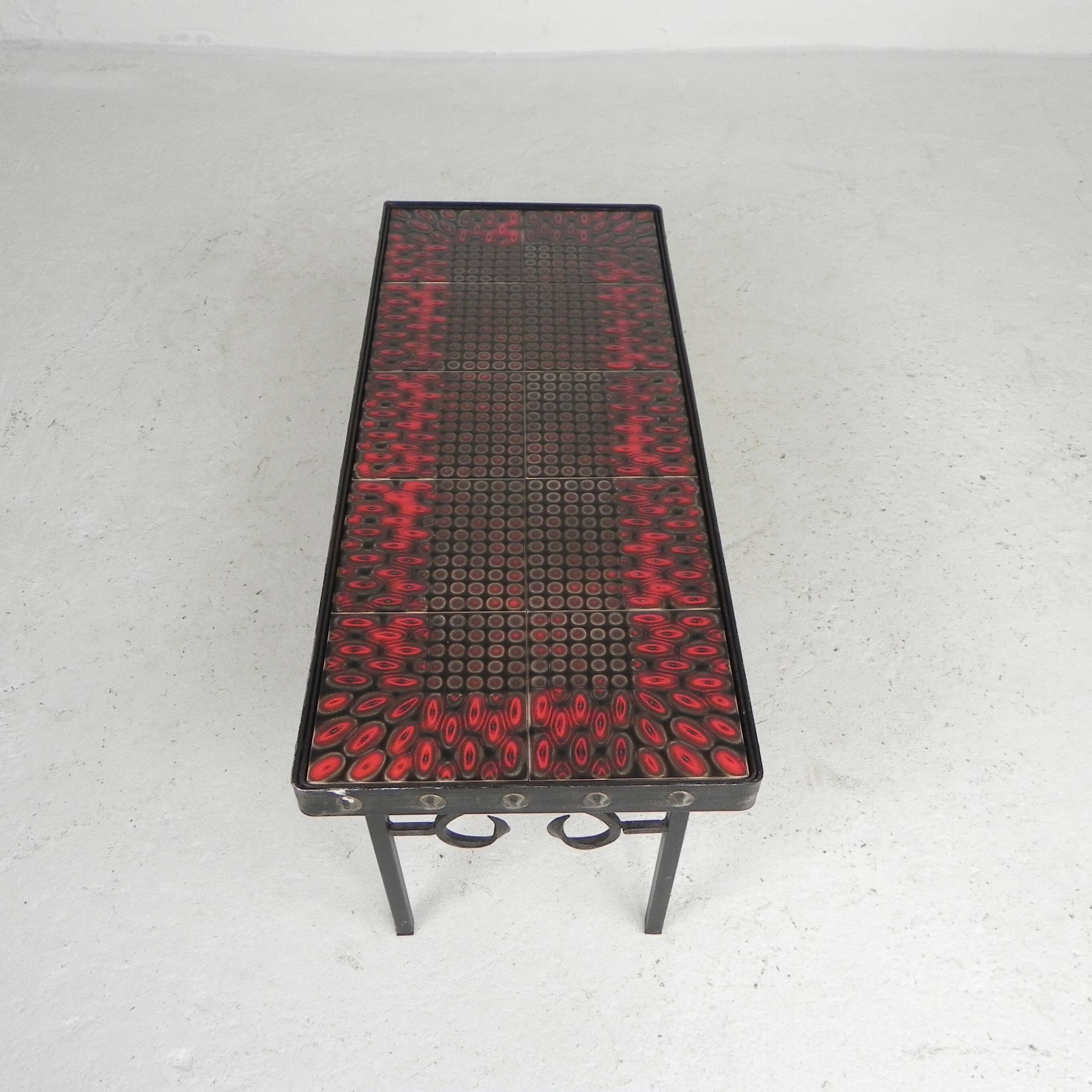 Brutalist mid-century tiled table, with 10 tiles and steel frame, 1960s.