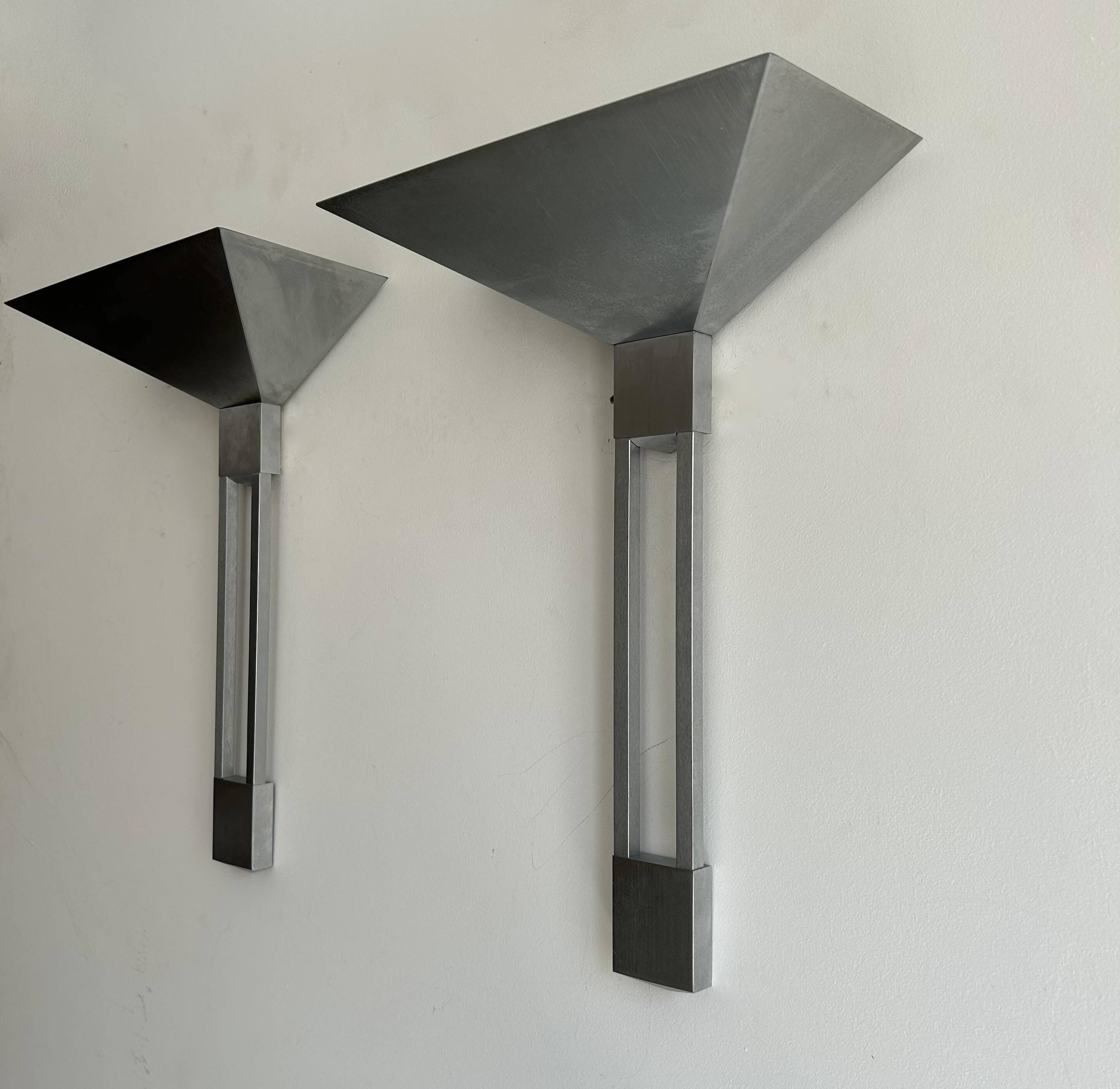 Pair of vintage geometric Vereinigte Werksatten wall lights, solid aluminum, Germany 1970s
