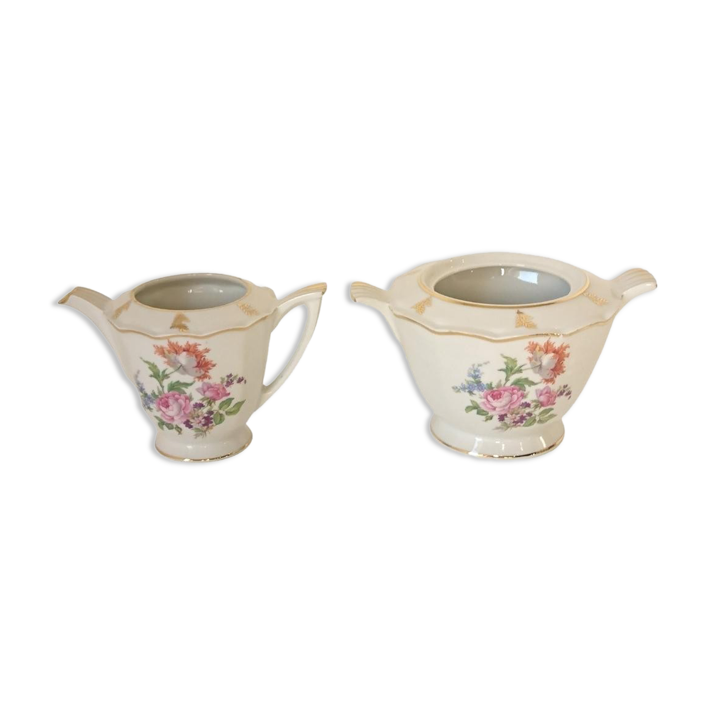 Sugar bowl and milk jar in flowery white porcelain